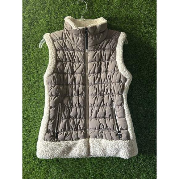 Calvin Klein Performance Womens Full Zip Sherpa Trim Puffer Vest Lt Brown Sz M - Picture 1 of 9